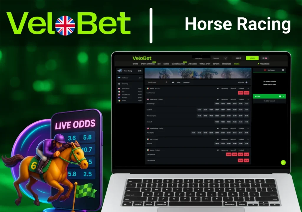 Horse racing odds and betting offers available at VeloBet Casino